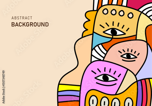Abstract modern cubism illustration of colorful human faces on beige background.
