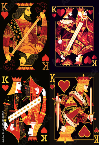 King of Hearts Playing Card Set: Four variations of the King of Hearts playing card, richly illustrated in vibrant colors against a dark background, showcasing regal attire and symbolic details.