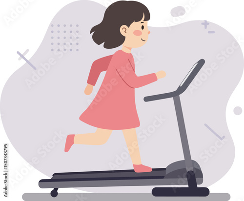 Girl running on treadmill exercising indoors for fitness and health activity vector illustration 