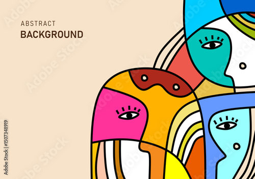 Abstract modern cubism illustration of colorful human faces on beige background.