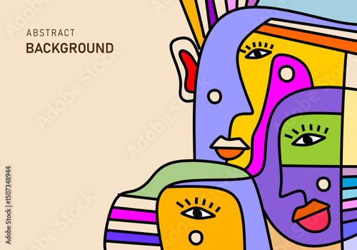 Abstract modern cubism illustration of colorful human faces on beige background.