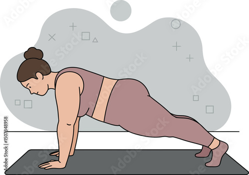 Woman performing plank exercise on yoga mat in indoor fitness workout routine for core strength and balance 