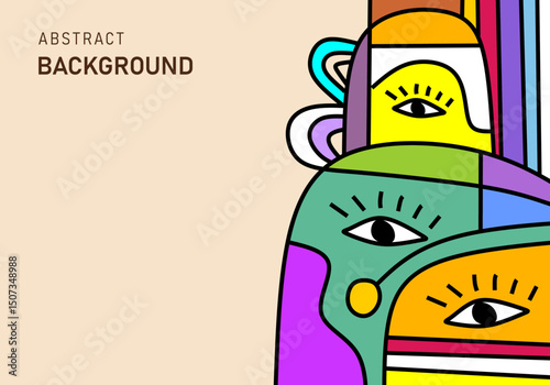 Abstract modern cubism illustration of colorful human faces on beige background.