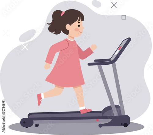 Little girl running on treadmill indoor fitness activity exercise healthy lifestyle vector illustration 