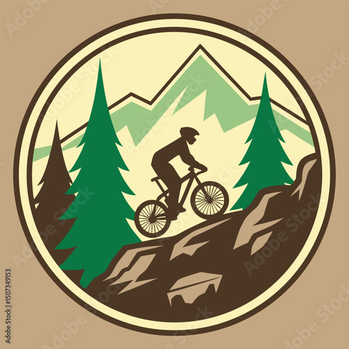 Mountain biking adventure illustration cyclist riding through wilderness landscape design template.