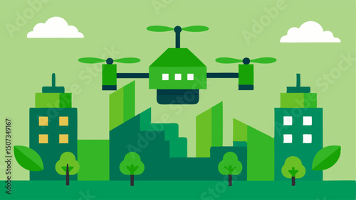 EcoFriendly Drones Drones designed with ecofriendly aesthetics flying over green rooftops highlighting the blend of technology and environmental sustainability.