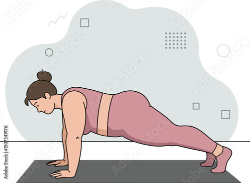 Woman performing plank exercise in pink sportswear on yoga mat for healthy lifestyle and fitness routine vector illustration 