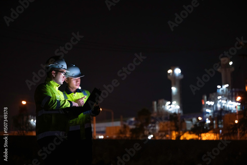 Industrial engineer night inspection at refinery or petrochemical plant walkie-talkie hand and digital tablet intersection of technology, worker work at night at power plant photo