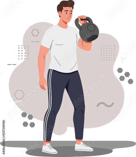 Young man exercising with kettlebell in casual sportswear for fitness training and strength building 