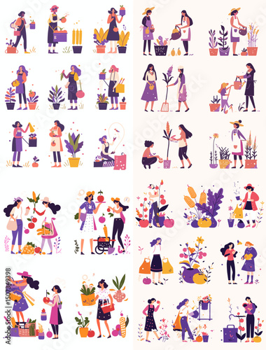 Floral Arrangement: A vibrant illustration showcases a diverse group of people interacting with flowers, gardening, arranging, and buying blossoms.
