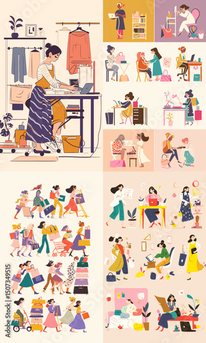 Fashionable Woman's Lifestyle Collage: a fashionable collage of a woman's diverse lifestyle, showcasing moments of work, shopping, and leisure activities with a focus on fashion and self-expression.
