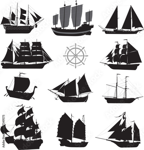 Sailing ships detailed vector silhouettes collection