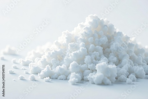 Luminous white sugar crystals against stark white backdrop, granulated, close-up, simple