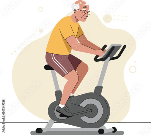 Elderly man exercising on stationary bike wearing yellow shirt and brown shorts healthy lifestyle activity vector illustration 