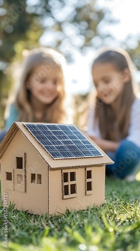 Two blurred blonde girls are looking at a cardboard house with solar panels