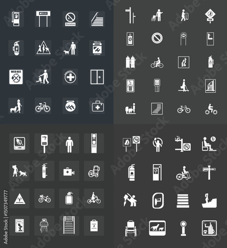 Diverse Traffic Icon Collection: A detailed array of traffic icons, including a variety of road signs, pictograms, and symbols commonly used for wayfinding, safety, and regulations.