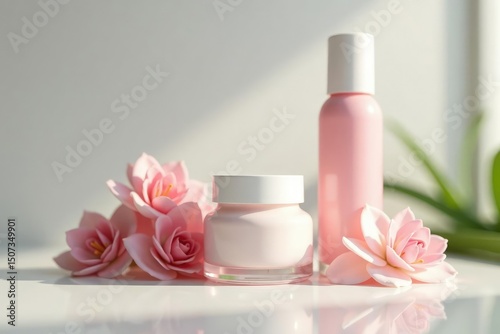 Luxurious skincare products on pristine white , oil, bottle, product photography