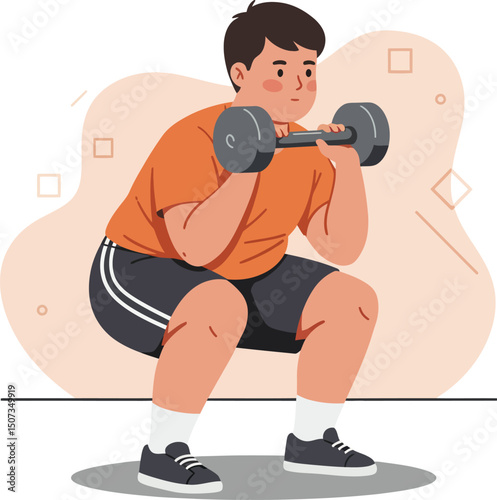 Man performing barbell squat exercise for strength training in gym workout routine vector illustration 