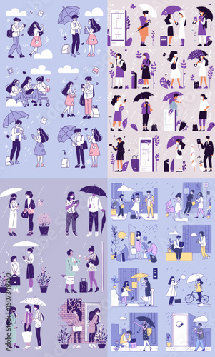 Rainy Day Illustrations: An artistic compilation of modern illustrations depicting various individuals navigating a rainy day using umbrellas.