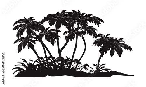 Island Breadfruit Tree Silhouettes, tropical tree clipart, dense forest, fruit-bearing tree vector illustration, humid coastal nature, wide leaves, Pacific Tropic design, exotic flora, jungle plants.