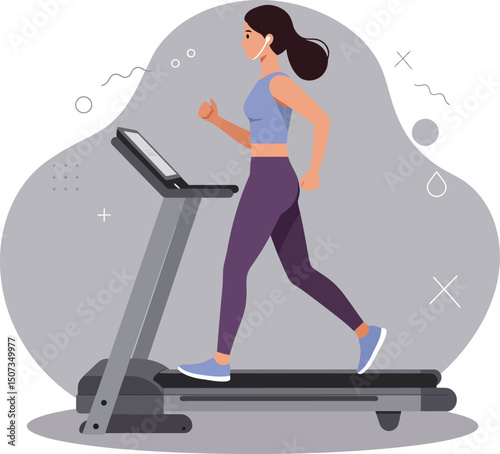 Woman running on treadmill indoor gym workout fitness healthy lifestyle vector illustration 