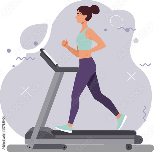 Woman running on treadmill exercising for fitness and health indoors in sporty outfit vector illustration 