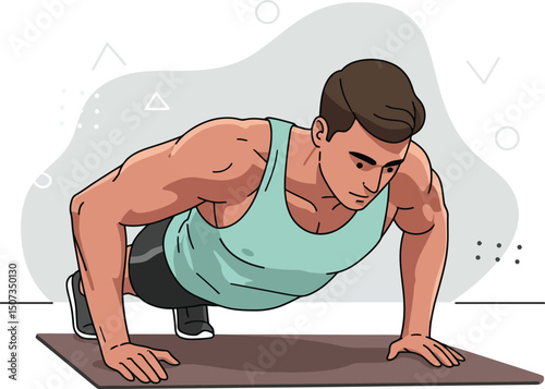Muscular man doing push ups workout exercise in tank top on fitness mat vector illustration 