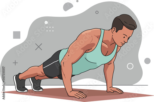 Muscular man performing push-up exercise in sportswear for fitness and strength training vector illustration 