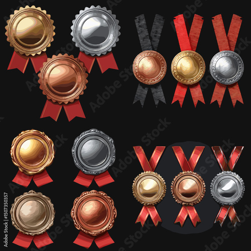 Achievement Emblems: A selection of exquisitely rendered gold, silver, and bronze medals, complete with vibrant red ribbons, on display against a classic backdrop.