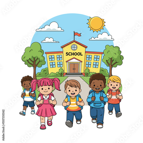 Happy Children Going to School - Back to School Illustration Art & Illustration