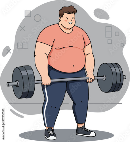 Overweight man lifting heavy barbell weight in gym fitness training exercise vector illustration 