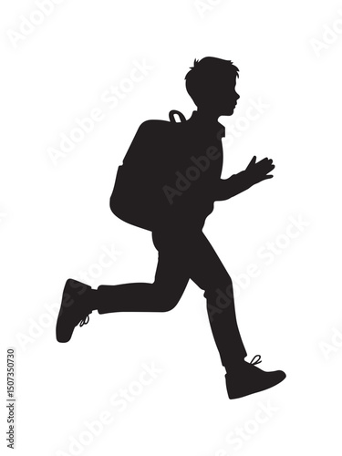 Silhouette of a young school boy running with a backpack in side view on white background
