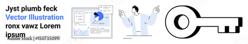 Analytics dashboard with pie and line chart, person explaining data, large key. Ideal for analytics, strategy, problem-solving, security, decision-making, data visualization simple landing page