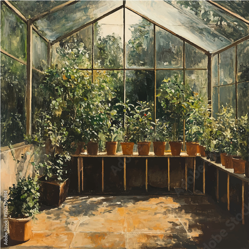 Greenhouse with plants and flowers, hothouse vector illustration