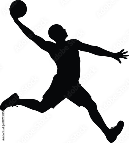Silhouette of Basketball Player in Mid-Air with Ball, Action Sport, Isolated on White Background                                                      