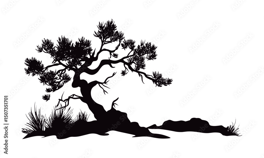 Fototapeta Hand-drawn Juniper Tree Silhouette Pack, desert themed forest vector illustration, wild nature clipart, rustic tree design, evergreen landscape, pine woodland, cutout, mountain flora.