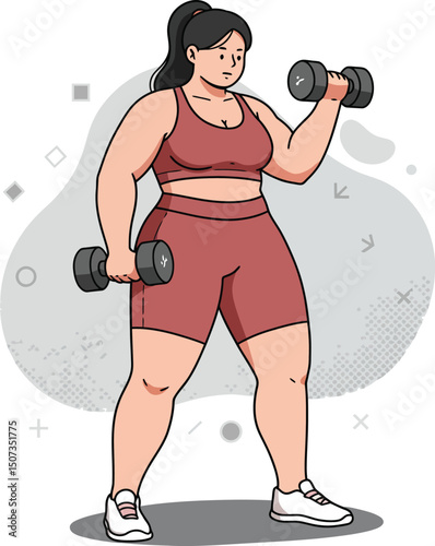 Woman lifting dumbbells in activewear exercising strength training fitness routine vector illustration 