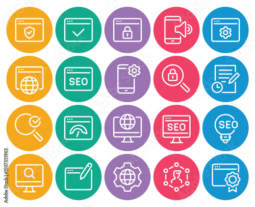 Circle color outline icons set for SEO and Web