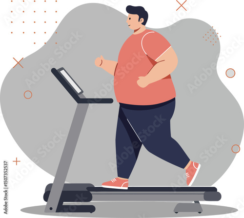 Overweight man running on treadmill for fitness and health exercise vector illustration 