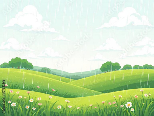 Rainy green field, Rainy landscape, Rain in meadow, Green field in rain, Wet grassland, Rain clouds over field, Drizzling field scene, Misty green field, Rainy nature scene, Lush rainy field, Rainy co