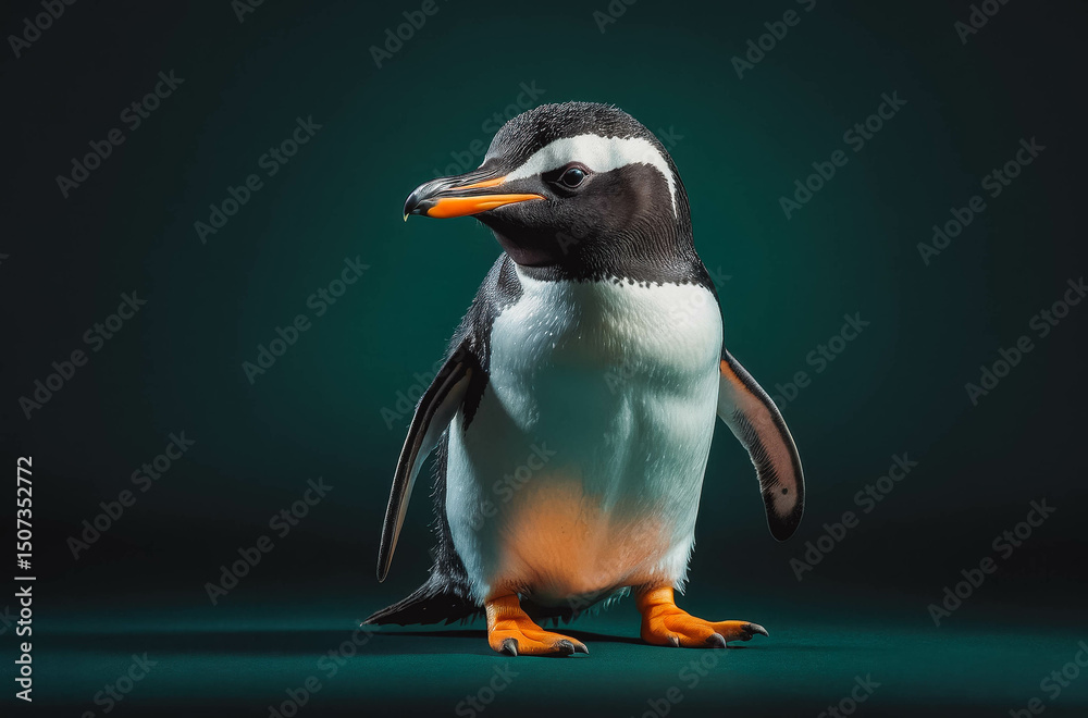 Fototapeta premium Adorable Gentoo Penguin: Close-Up Wildlife Photography of a Playful Black and White Bird with Orange Beak in Cold Antarctic Habitat
