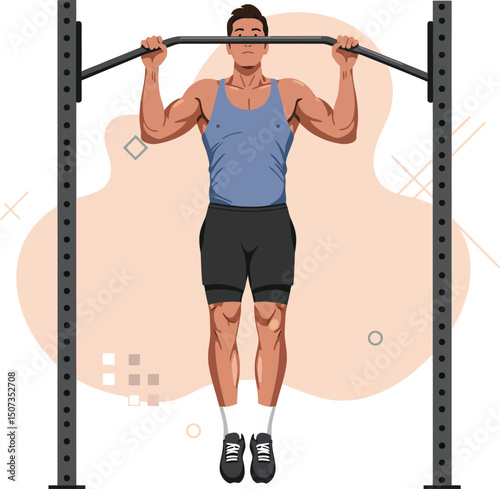 Muscular man doing pull up exercise on gym bar in fitness workout routine vector illustration 