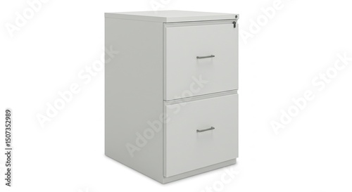 Light gray, two-drawer file cabinet, simple design, with metal handles and a lockable top