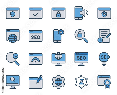 Filled blue outline icons set for SEO and Web