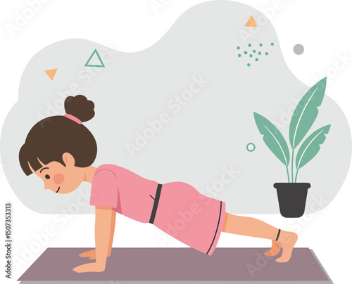 Young woman performing plank exercise on yoga mat in casual pink outfit with indoor plant and abstract background vector illustration 