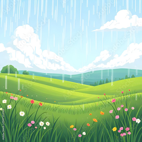 beautiful nature view, outdoor green landscape, grassland scenery, summer season background, cartoon summer landscape, sunny outdoor illustration, grass field with flowers, village meadow, open plain 