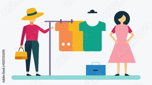 Fashion Show The credit card stands beside a clothing rack modeling a trendy hat with a playful expression while shoppers try on outfits.