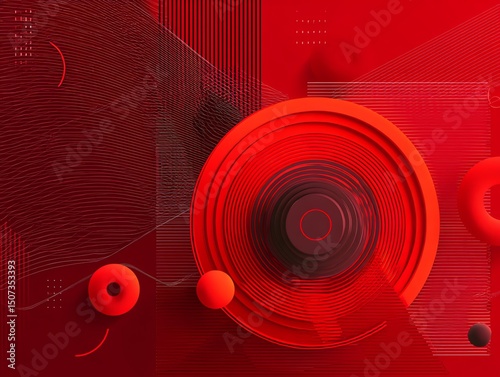 Abstract Red Geometric Composition: Vibrant Circular and Linear Designs, Modern Art, 3D Render