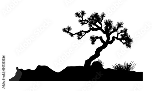 Wild Forest Silhouette, Juniper Tree Vector Illustration, Rustic Tree Scene, Organic Black Cutout Tree, Desert Tree Graphic, Woodland Landscape Art, Nature Vector Elements.