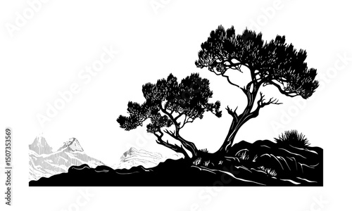 Desert Juniper Tree Silhouette, minimalist nature art, wild forest engraving style, nature clipart, natural scenery illustration, vector illustration, botanical design, eco-friendly theme.